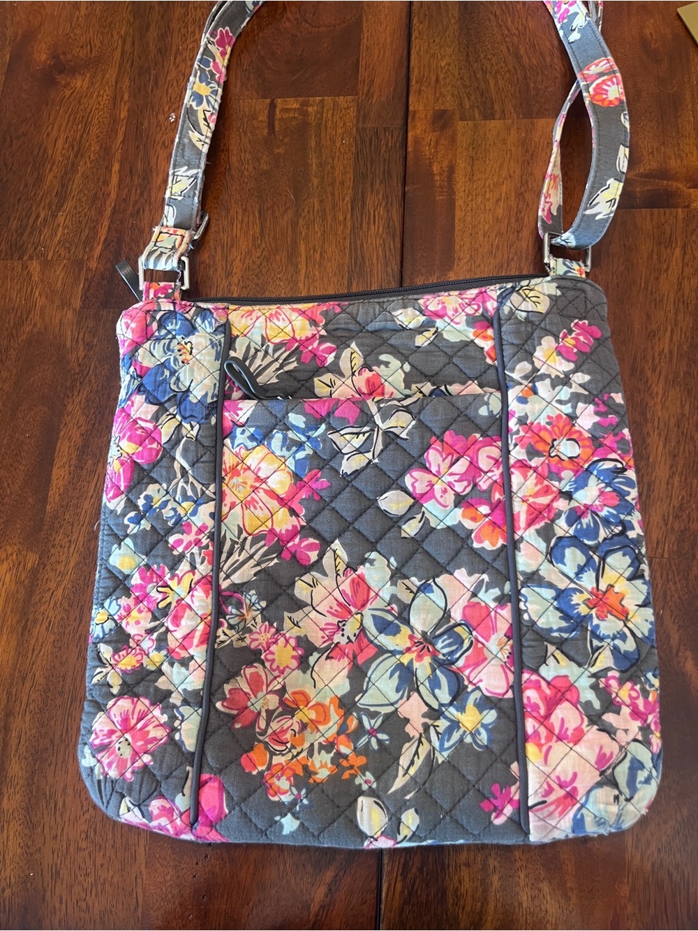 Vera Bradley Gray Floral Quilted Crossbody with Pink & Blue Accents